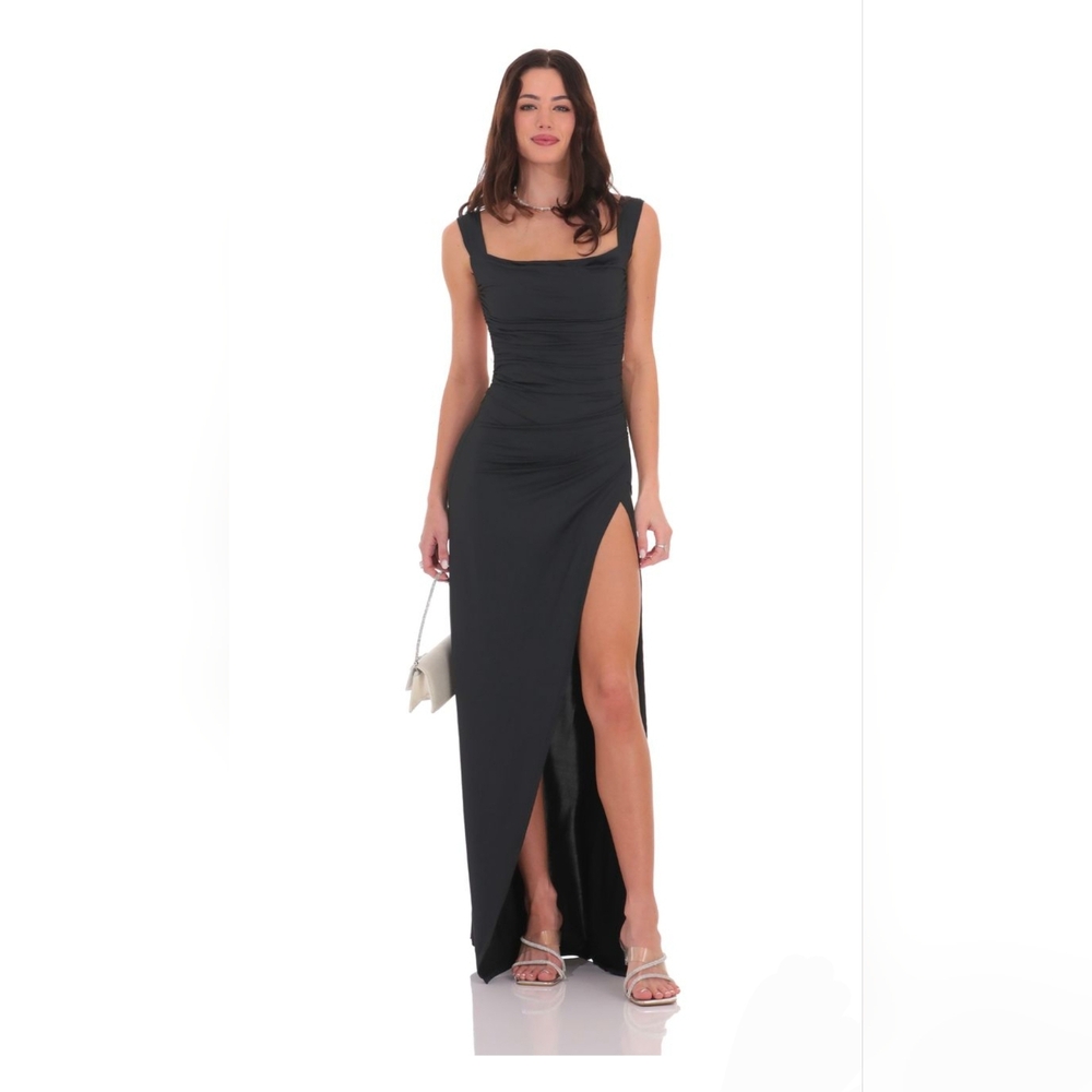 NWT Lucy in the Sky Black Formal Maxi Dress with Sheer White Bow In Back Size L - Picture 3 of 6